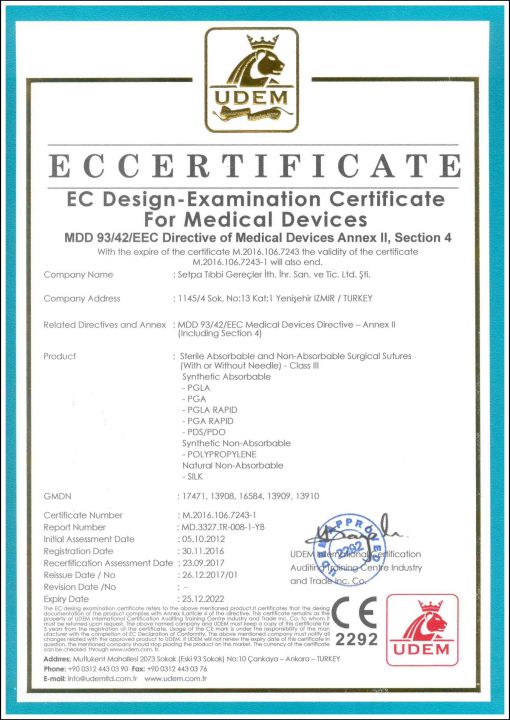  SETPA NEO SURGICAL SUTURES CE DESIGN EXAMINATION CERTIFICATE